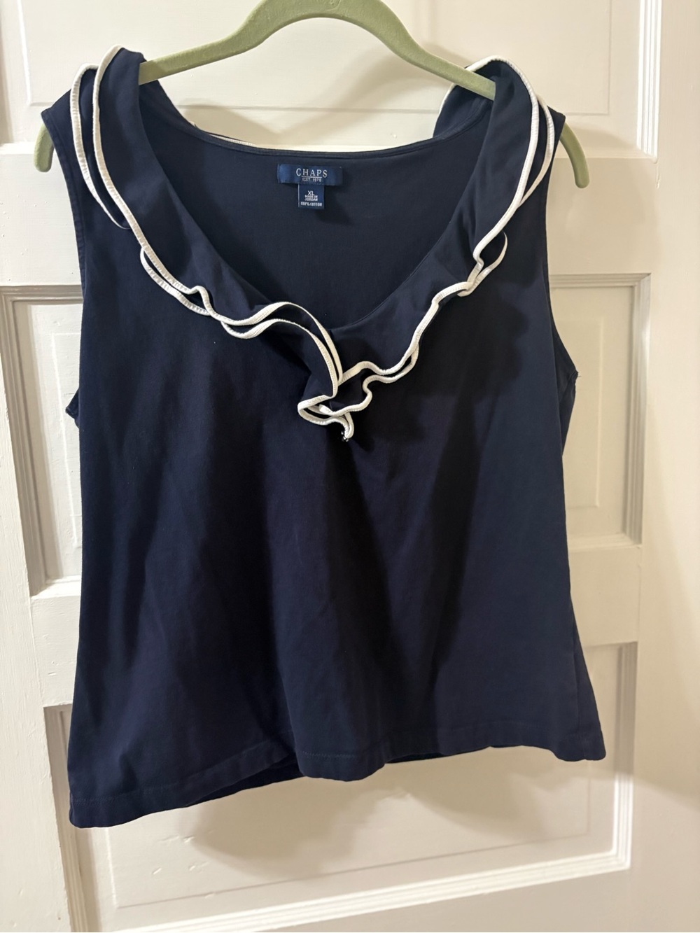 Chaps Navy Sleeveless Top with White Ruffle Trim